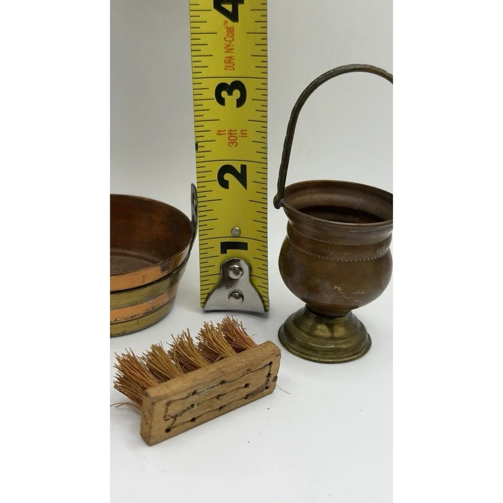Miniature Doll Copper Basket & Wash Bucket w/ Brush‎ Vintage Victorian 2